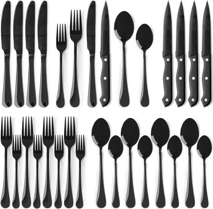 24-Piece Black Silverware Set with Steak Knives Flatware Set for 4 Food