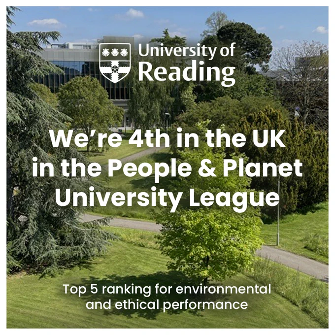 University of Reading campus with trees and greenery, highlighting its 4th place UK ranking in the People & Planet University League for sustainability.