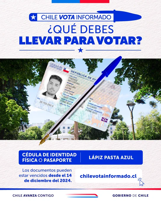 ¿Qué debes llevar para votar?
Cédula de identidad o pasaporte físico
 Lápiz pasta azul
Los documentos pueden estar vencidos desde el 14 de diciembre del 2024.
Chilevotainformado.cl
 *Los extranjeros habilitados para votar y chilenos en el exterior no están afectos a la multa.
