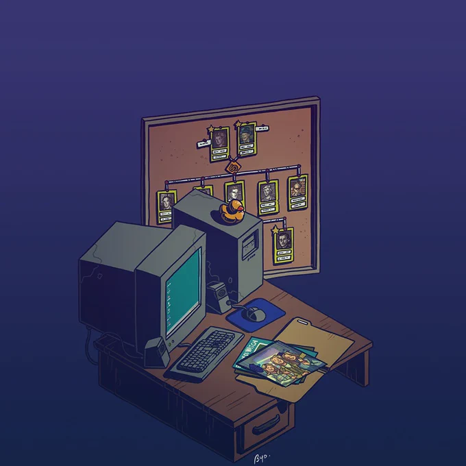 An illustration of a desk and old computer, plus evidence and a cork board from the game The Roottrees are Dead