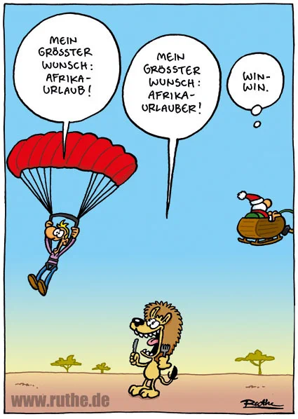 Ein Mann springt mit seinem Fallschirm über der Savanne ab und ruft begeistert: "Mein größter Wunsch: Afrika-Urlaub!". Unten erwartet ihn ein hungrig guckender Löwe mit Essbesteck in den Händen: "Mein größter Wunsch: Afrika-Urlauber!". Im Hintergrund fliegt der Weihnachtsmann in seinem Schlitten davon und denkt zufrieden "Win-Win.". 