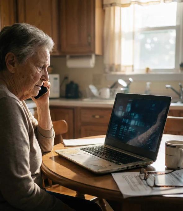 An older woman sits at her kitchen table in soft morning light, speaking on the phone while looking at an open laptop displaying faint digital patterns. Papers and glasses rest on the table, reflecting the confusion and concern many retirees face during cyber scams.