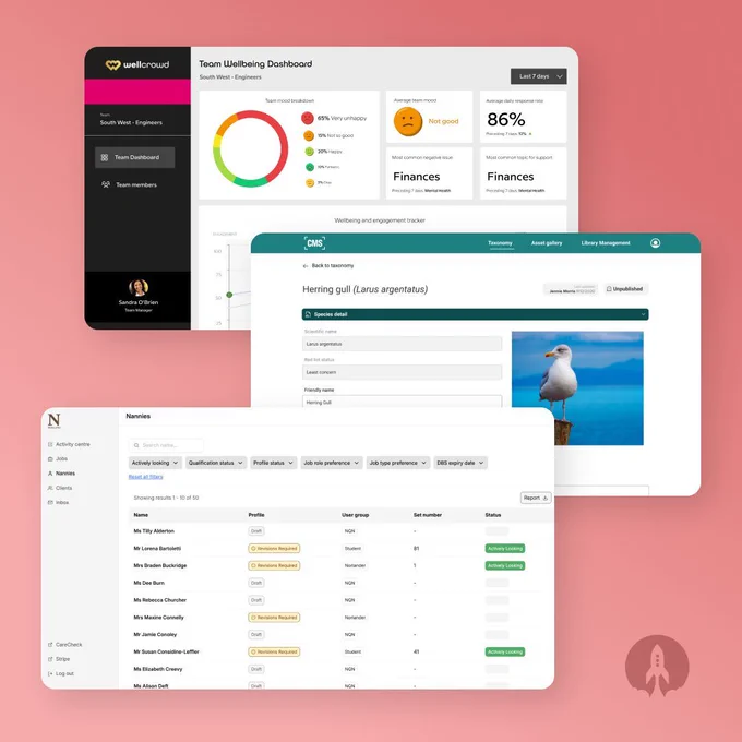 Screenshots of various admin dashboard user interfaces, with tables, graphs and images