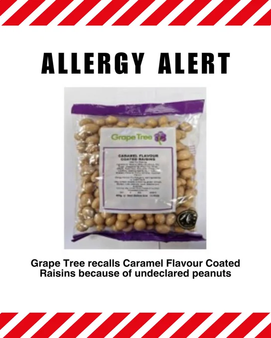 Grape Tree recalls Caramel Flavour Coated Raisins because of undeclared peanuts