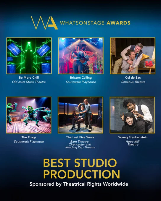 Graphic announces the WOSAwards nominees for  Best Studio Production. They are:

▪️ Be More Chill
▪️ Brixton Calling
▪️ Cul de Sac
▪️ The Frogs
▪️ The Last Five Years
▪️ Young Frankenstein

We encourage you to vote for your favourites!