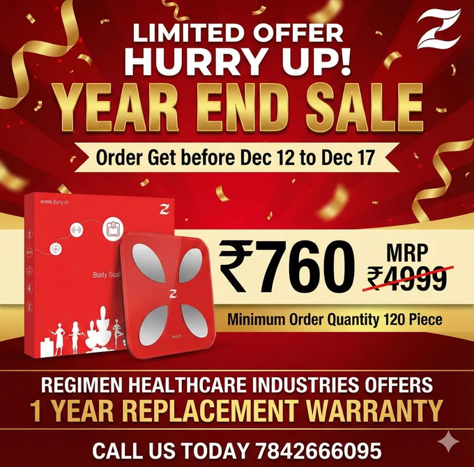 ​🚨 FLASH SALE ALERT! 🚨 Get the Zury Body Scale for just ₹760 (MRP ₹4999)! 🤯 This is the ultimate Year End Sale from Regimen Healthcare. Don't wait—offer ends Dec 17! 🏃‍♂️💨
​👉 Call 7842666095 to order now! @optcareofficial
​#YearEndSale #LimitedOffer #HurryUp #BodyScale #FitnessDeals #FlashSale #HealthTech #RegimenHealthcare