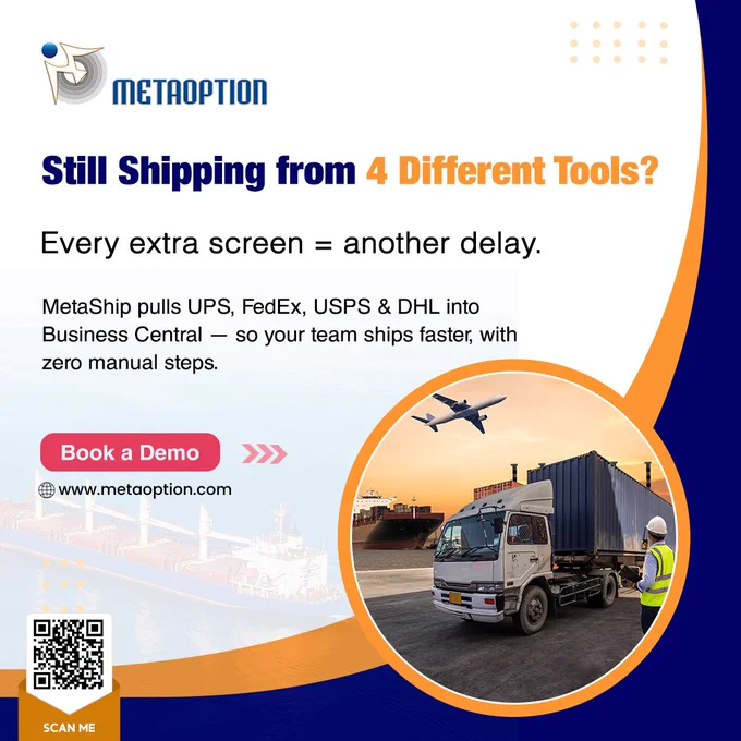 🔥 MetaShip for Dynamics 365 Business Central brings ALL carriers into ONE dashboard.
No juggling screens. No manual entry. No slowdowns.

What you get with MetaShip👇
✨ Real-time rate shopping
✨ One-click label generation
✨ Pack → Ship → Track in one place
✨ UPS, FedEx, USPS & DHL integration
✨ Faster fulfillment & lower shipping costs

Stop working harder. Start shipping smarter.

📩 Book a demo & see how much time you can save:
👉 https://www.metaoption.com/metaship-packing-shipping-dynamics-365-business-central-solution/?utm_source=twitter&utm_medium=social&utm_campaign=metaship_promo


#MetaShip #Dynamics365 #D365BC #Logistics #SupplyChain #WarehouseManagement #ShippingAutomation #MetaOption #ERP