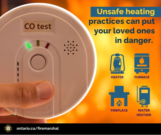 Infographic from the Ontario Office of the Fire Marshal featuring a hand pressing a test button on a carbon monoxide alarm with icons of a heater, furnace, fireplace, and water heater, warning that unsafe heating can put loved ones in danger.