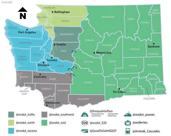 A map of the state of Washington divided into geographical regions that highlight which Twitter/X accounts to follow based off where you live, work and travel. The accounts and the counties they cover are disclosed in the text of this post.