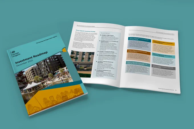 A closed booklet set against a turquoise background titled 'Investment Roadmap, December 2025 on the left and an open spread of the booklet showing out of focus tables, text and images on the right. 