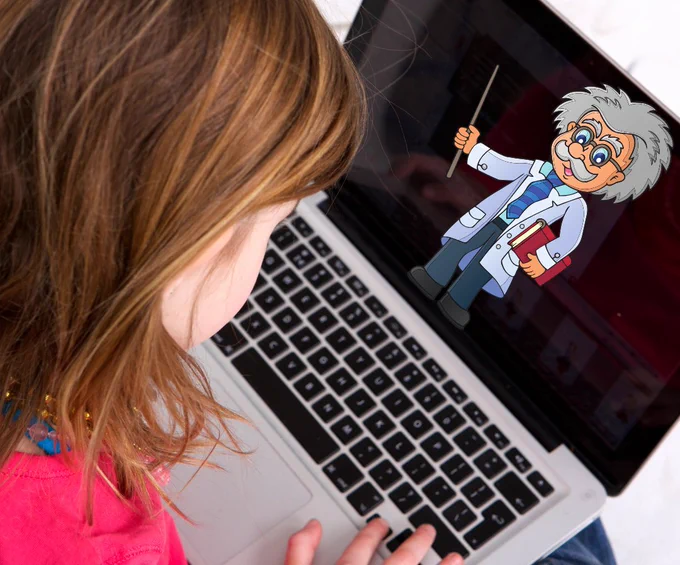 Child watching a cartoon scientist character holding a pointer and book on a laptop screen.