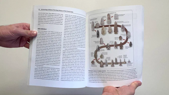 The inside spread of the book showing text on the left and a diagram of points/arrowheads on the right.