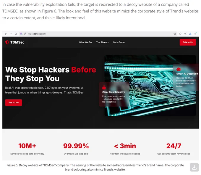 Decoy website mimicking Trend Micro design used when vulnerability exploitation fails