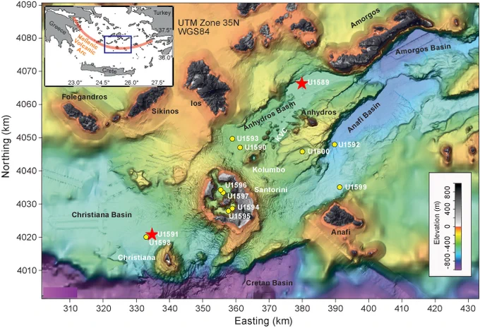 Map of Expedition 398 drill sites in the Hellenic Volcanic Arc. Sites U1589 and U1591 where sections from this study were drilled are marked with red stars. Map modified from Druitt et al. (2024b).