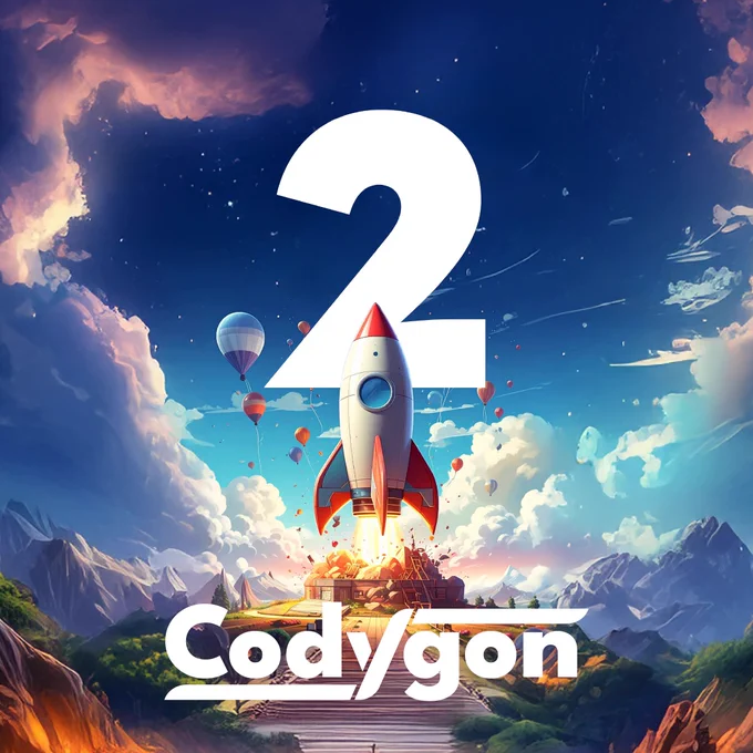 Codygon 2nd Anniversary graphic with a rocket launch, symbolizing growth and the next level, set against a vibrant mountain landscape.