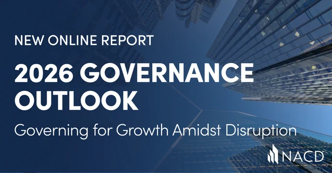 2026 Governance Outlook report cover with skyscrapers and theme of growth amidst disruption.