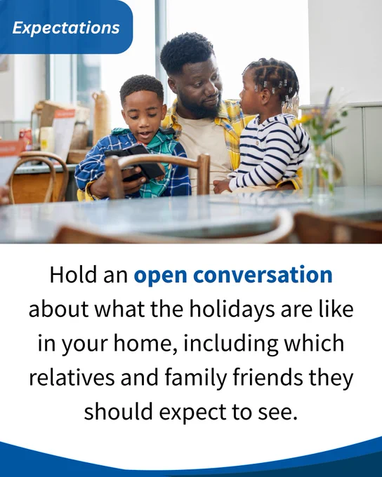 A foster parent reading a book with two young children in a cozy room, with text suggesting to discuss holiday plans at home.