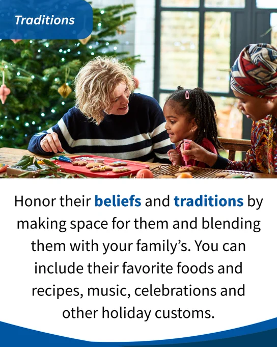 A foster parent, her foster child, and the child's biological parent engaging in holiday baking beside a Christmas tree, depicting a moment of cultural blending and sharing of traditions.