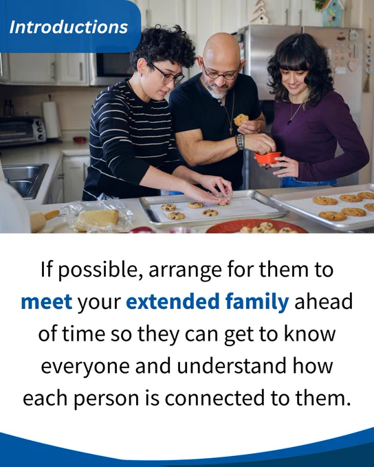 A foster parent, his child, and his sister examining cookies on a kitchen counter while engaging with each other, with text suggesting arranging a meeting with your extended family.