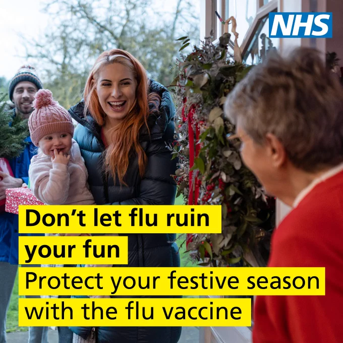 A family warmly dressed outdoors during winter, promoting flu vaccination to protect festive celebrations.