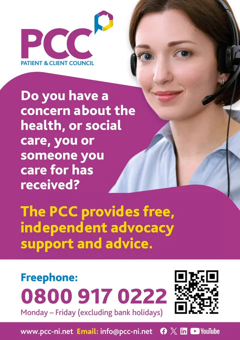 PCC LOGO. Do you have a concern about the health, or social care, you or someone you are for has received? The PCC can provide you with support and advice. Freephone: 0900 917 0222. Monday - Friday (Ex Bank Holidays). www.pcc-ni.net Email:info@pcc-ni.net 
