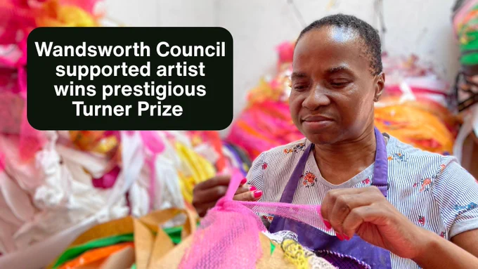 Artist working with the text: "Wandsworth Council supported artist wins prestigious Turner Prize"