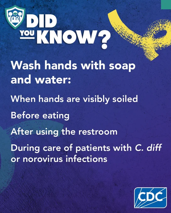 A healthcare worker washing their hands and the text “Did you know? Cleaning your hands with alcohol-based hand sanitizer is preferred in most clinical situations, but there are times when soap and water should be used instead. Wash hands with soap and water:  
- When hands are visibly soiled  
- Before eating 
- After using the restroom 
- During care of patients with c. diff or norovirus infections