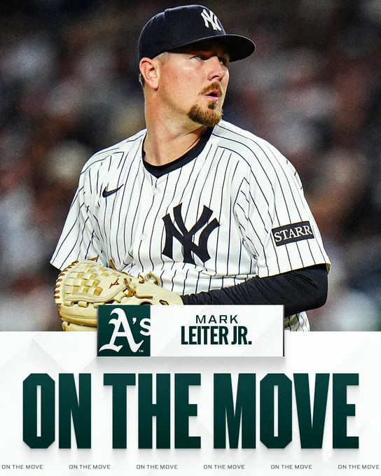 On the Move:
Mark Leiter Jr. to the Athletics
Mark Leiter Jr. prepares to deliver a pitch while wearing a home white pinstriped New York Yankees uniform and dark blue New York Yankees cap.