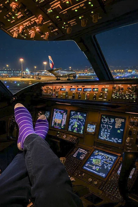 Pilot relaxing with feet up inside a dimly lit airplane cockpit overlooking a nighttime airport runway with a parked plane.