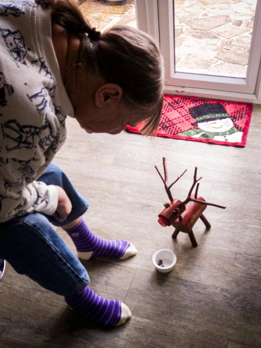 Person with purple striped socks crouching on a wooden floor, looking at a small wooden reindeer figurine near a white bowl.