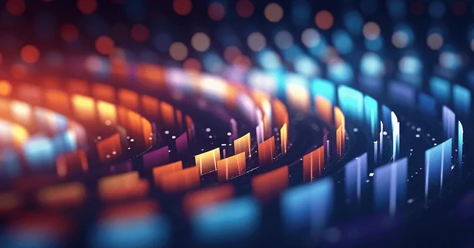 Close-up of colorful, curved light bars arranged in a spiral pattern with glowing particles floating around.