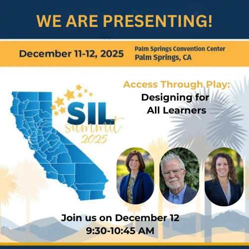 Promotional flyer for the SIL Summit 2025 in Palm Springs, CA, featuring three speakers and event details for a session on goal setting and UDL, scheduled for December 12 from 9:30 AM to 10:45 AM.