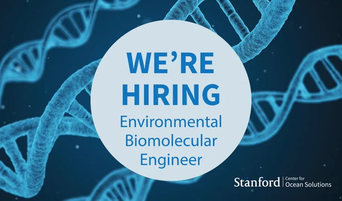 A graphic reads "We're hiring" with the title "Environmental Biomolecular Engineer" beneath. A blue DNA helix appears in the background.