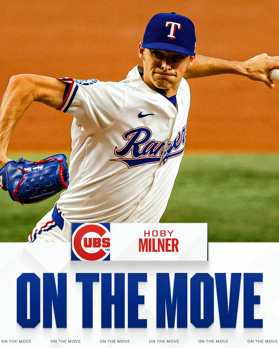 On The Move
Hoby Milner, Chicago Cubs
Pictured: Hoby Milner prepares to deliver a pitch. He wears a white Rangers jersey with a blue cap.