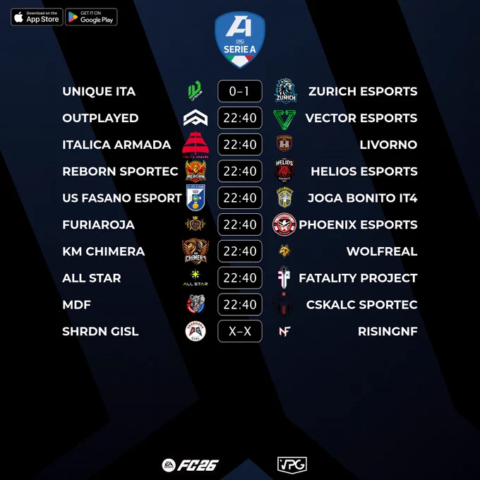 🇮🇹 @VPGItaly Serie A
⚽️ Match #23
🗓️ 11/12/2025 - 22:40
🖥️ https://virtualprogaming.com/community/VPG-Italy

➡️ @uniQue2k23 🆚 @zurich_esports
➡️ @OutplayedEAFC 🆚 @KT_Vectore
➡️ @ItalicaArmada 🆚 @LivornoeSports
➡️ @reBorn_proclub 🆚 @Helios_ProClub
➡️ @UsFasanoeSports 🆚 @JogaBonitoIT4
➡️ @xFuriaRoja 🆚 @Ph0enix_eSport
➡️ @KMChimera 🆚 @WolfrealEsports
➡️ @FC_ALL_STAR 🆚 @FatalityProClub
➡️ @MalatidiFifa 🆚 @OfficialCSKALC
➡️ @GislXIX 🆚 @RisingNF

#FC26 #VPG #ProClubs #EAFC #WhereTheChampionsPlay