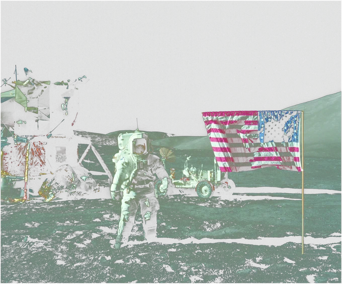 Astronaut Jack Schmitt standing near the lunar module, lunar roving vehicle, and American flag on the lunar surface.