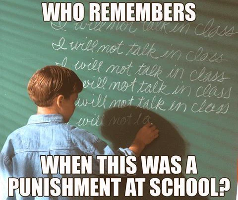 Writing lines was a widespread and long-standing form of school punishment where misbehaving students had to repeatedly copy a sentence, such as the classic "I will not talk in class", on paper or a chalkboard. This disciplinary method was common across many countries and generations, particularly throughout the 20th century. 
Key Details
Practice: Students were required to copy a specific phrase many times, the quantity often determined by the severity of the offense.
Common Phrases: Sentences typically related directly to the misbehavior, such as "I will not talk in class" or "I must not misbehave".
Effectiveness: While the punishment kept students occupied, experts and teachers have suggested it was often ineffective for long-term behavior change and could have a negative impact on students' attitudes toward writing. The National Council of Teachers of English actually condemned the practice in 1984.
Decline: The use of writing lines has largely declined in modern schooling as other