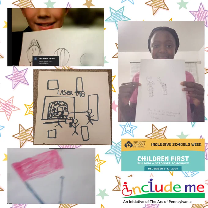 Logos for Inclusive Schools Week and Include Me. Four photos of childrens’ drawings. Three of the drawings are not seen in full or very faint. The fourth shows stick figures playing laser tag. The background is colorful hand drawn stars.