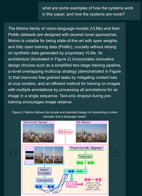 A screenshot of a user asking about examples of how a system works in a paper, and the system responding with details about the system along with a relevant figure and caption from the paper.