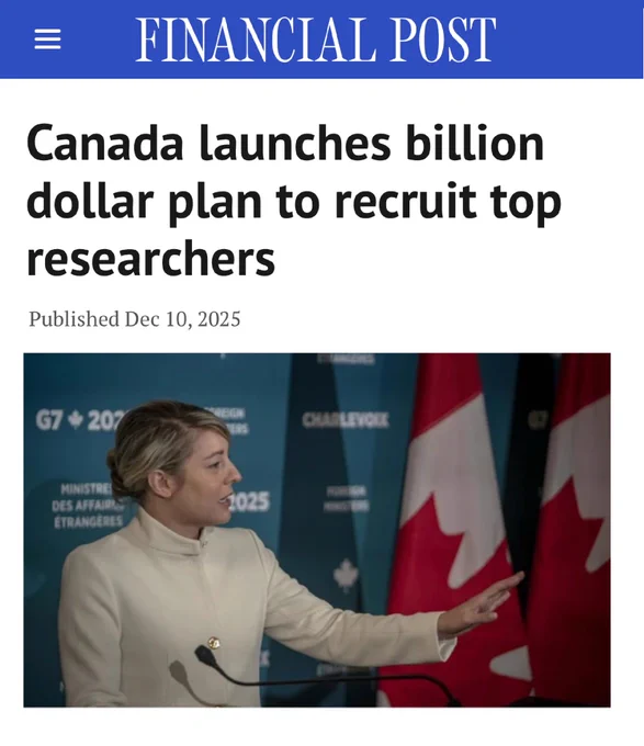 Screenshot from an article of the Financial Post. The headline reads: Canada launches billion dollar plan to recruit top researchers.