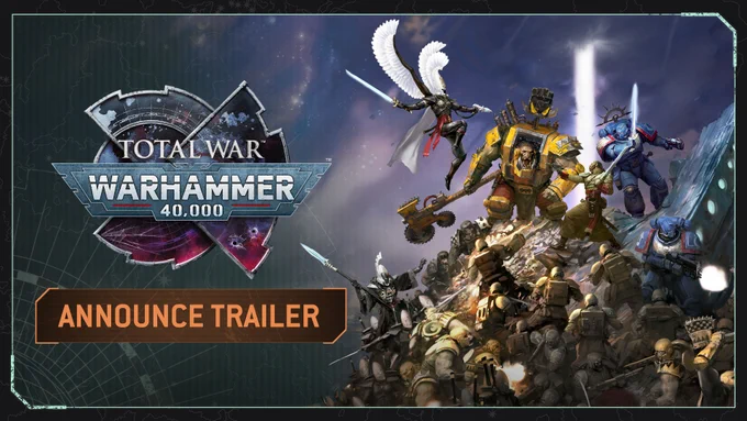 Artwork by Paul Dainton, for Total War: WARHAMMER 40,000 featuring Orks, Aeldari, Astra Militarum and Space Marines engaged in a battle next to the Total War: WARHAMMER 40,000 logo.