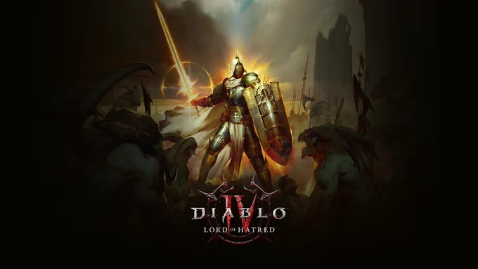 The Paladin stands amongst the demons, his sword shining. The demons look up at him, ready to attack. Text: Diablo IV: Lord of Hatred.