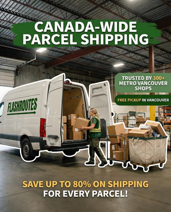 FlashRoutes van and courier loading parcels inside a Vancouver warehouse, offering free pickup across Metro Vancouver and discounted shipping from Vancouver to Toronto, Calgary and the United States, trusted by 300  local businesses and saving up to 80% on parcel shipping costs.