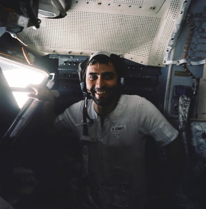 Astronaut Harrison H. Schmitt, lunar module pilot, displays several days of beard-growth aboard the Lunar Module (LM) prior to its liftoff from the Moon’s surface on Dec 13, 1972. The photograph was taken by astronaut Eugene A. Cernan, mission commander.