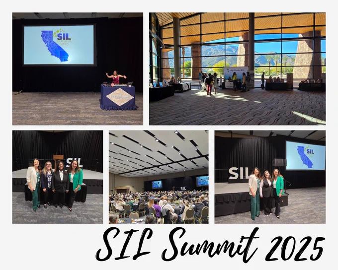 Collage of photos from the SIL Summit 2025. Images show a large conference stage with the SIL Summit logo on a screen, an exhibitor area with booths and mountain views through tall windows, groups of four attendees posing on stage, and a packed ballroom filled with participants seated at round tables. The words ‘SIL Summit 2025’ appear at the bottom.