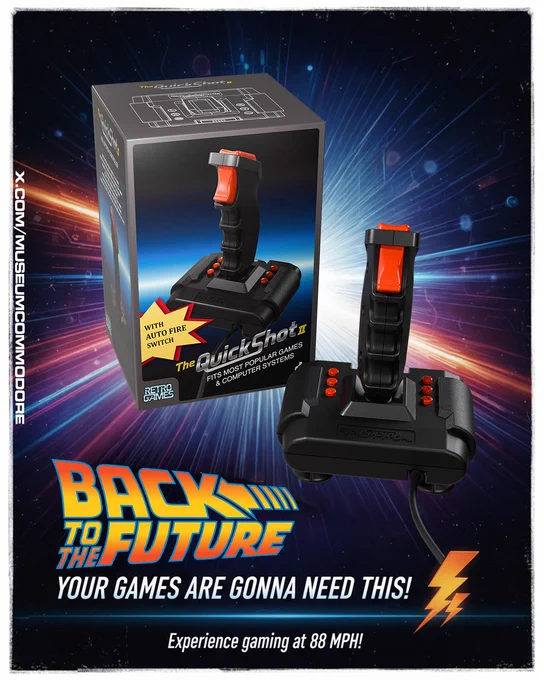 Retro-styled black joystick with red trigger and buttons displayed beside its box, styled with "Back to the Future" logo and neon speed streaks.