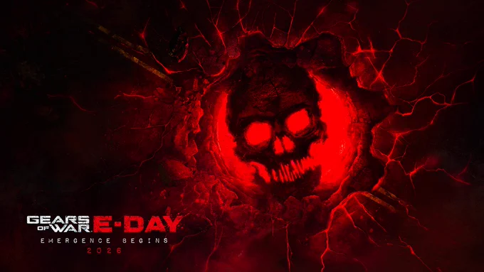 The Crimson Omen depicted as an Emergence Hole in red and black tones, the ground cracking around it. Bottom left corner reads: "Gears of War: E-Day. Emergence Begins. 2026."