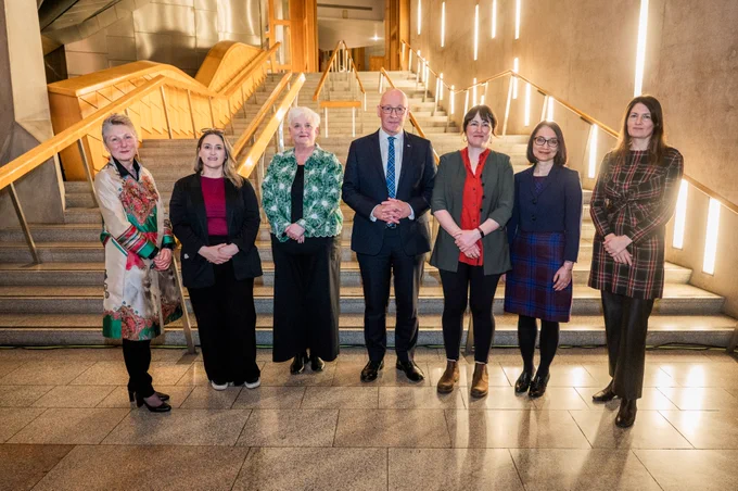 L-R Member of the Commission Rosemary Agnew, MSP Karen Adam, Chair of the Commission Professor Angela O'Hagan, FM, Commission Member Shelley Gray, Commission Member Aaliya Seyal, Commission Member Dr Claire Methven-O'Brien