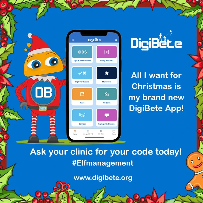 nimated DigiBot elf character next to a smartphone displaying the Brand new DigiBete app interface to support diabetes management. The words say "All I want for Christmas is my brand new DigiBete App!"