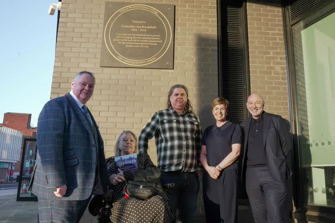 Left to right: Underneath the new plaque are City of Wolverhampton Council Leader, Cllr Stephen Simkins, Cllr Paula Brookfield, Cllr Paul Brookfield, City of Wolverhampton College Principal and Chief Executive, Louise Fall, and City of Wolverhampton Council Chief Executive, Tim Johnson.